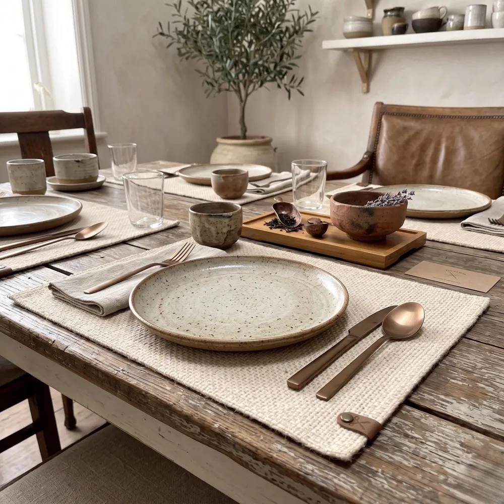 Corner of a wooden table with a beige woven burlap placemat and simple neutral place setting.