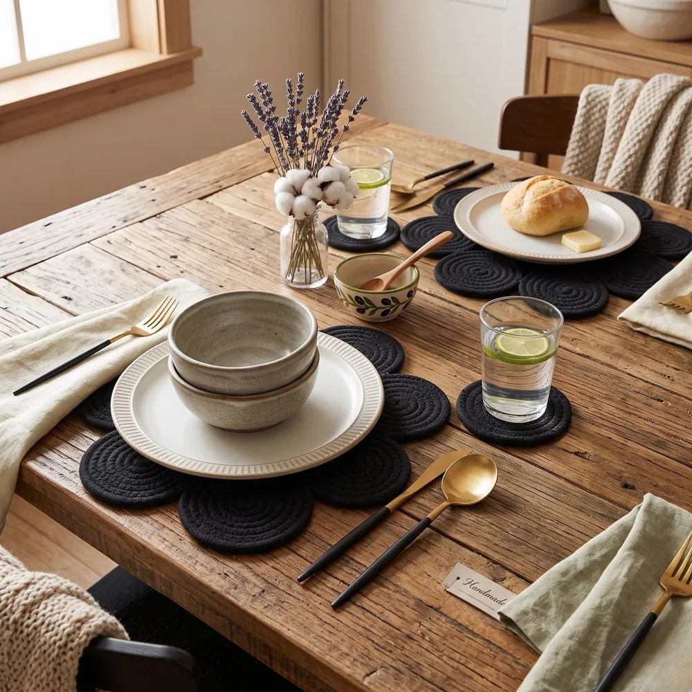 Black cotton rope daisy placemats on a rustic wood table with stacked stoneware bowls, a plate, gold and black cutlery and a glass of lime water.