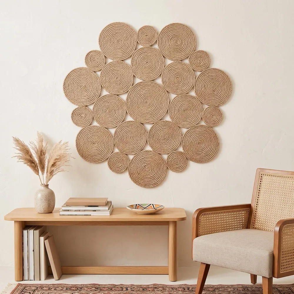 Large round jute wall art made of hand coiled spiral discs forming an organic boho mandala on a plain wall.