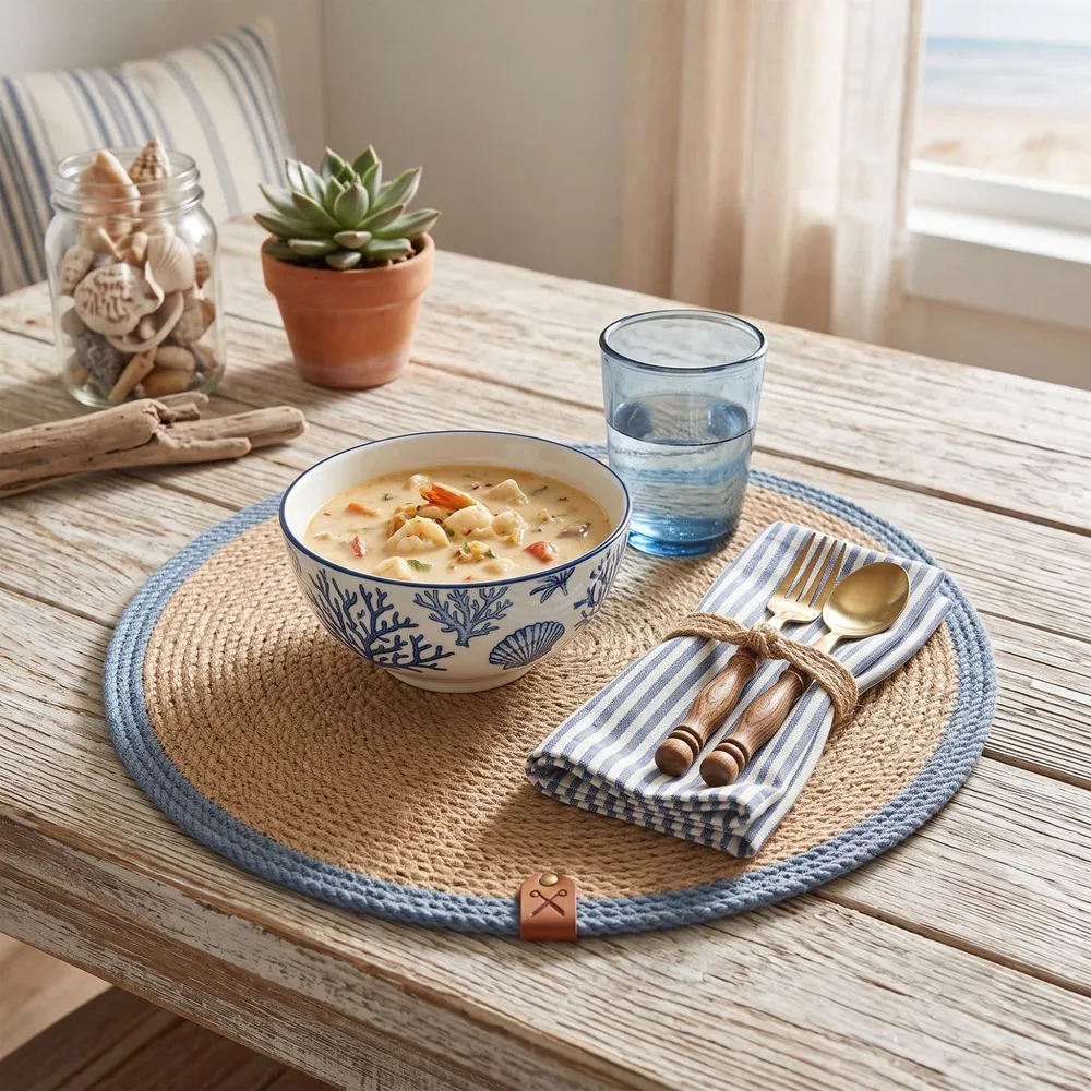 Denim blue striped round jute placemats on a coastal table with white bowls, plates and glassware.