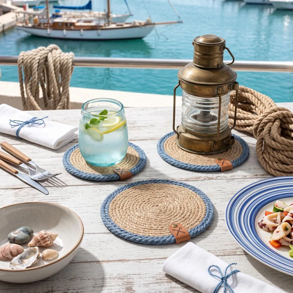 Denim blue striped round jute coasters on a table with sea view, styled with cups and snacks.