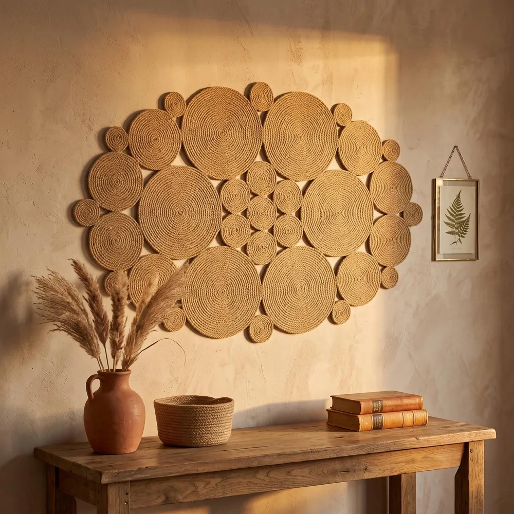 Oval jute wall art above a wooden console styled with decor in a warm softly lit boho room