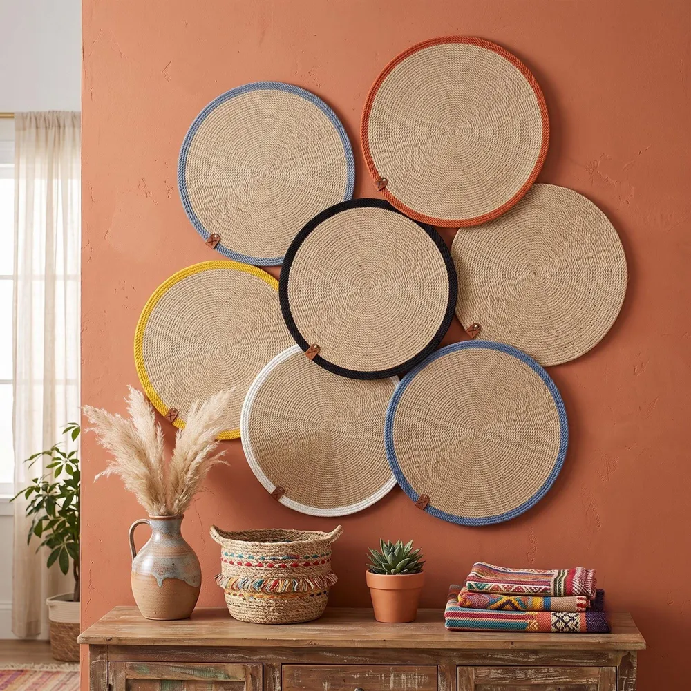 Cluster of round jute wall discs arranged as a boho gallery wall above a wooden console in a warm room