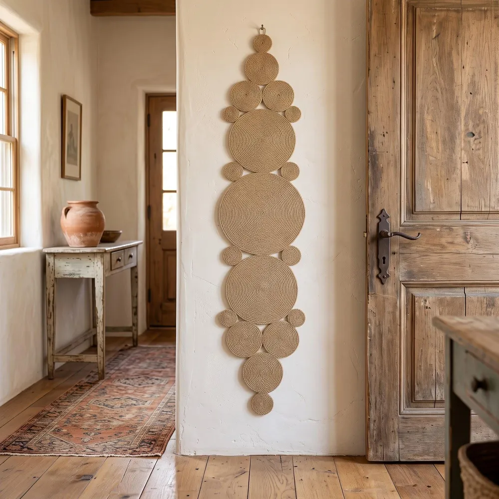 Long vertical scalloped jute wall hanging on a plaster wall beside a door in a rustic entryway