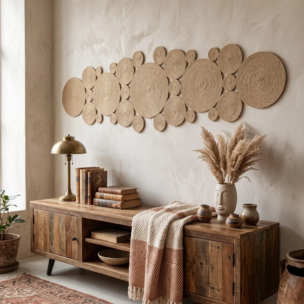 Handmade vertical jute wall hanging featured beside a rustic wooden bed. Organic wall decor crafted from natural jute rope, perfect for cozy farmhouse and boho interiors.