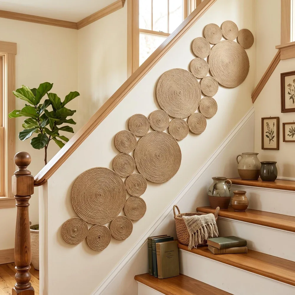 Flowing jute circle wall art hung diagonally along a staircase wall in a bright farmhouse hallway