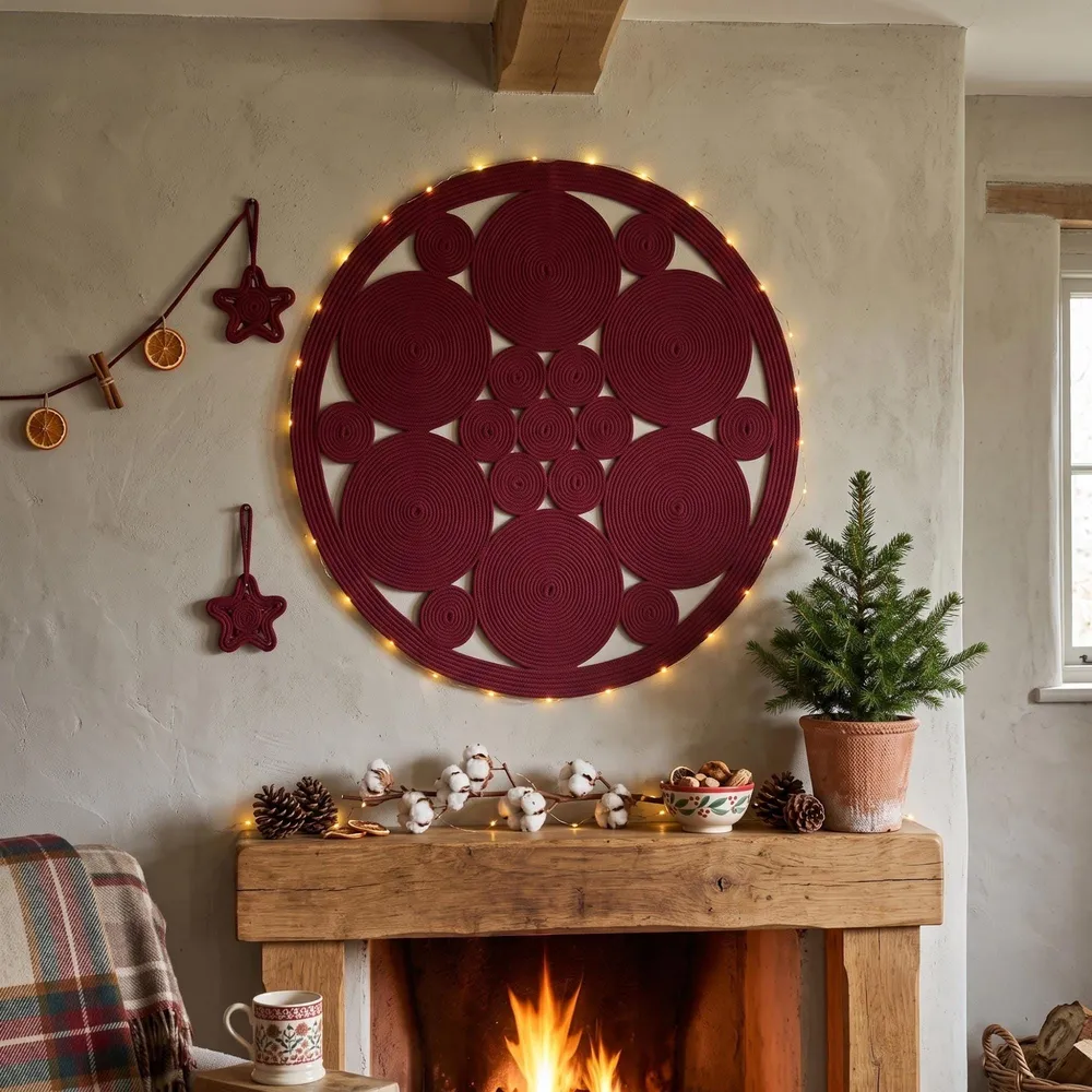 Burgundy Christmas wall decor above a glowing fireplace mantel with holiday stockings and garland.