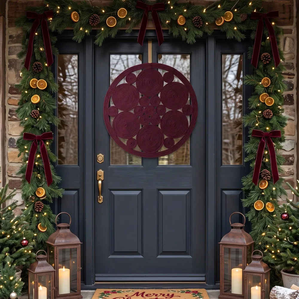 Luxury burgundy front door decor displayed on elegant black entry door with Christmas lanterns and seasonal greenery