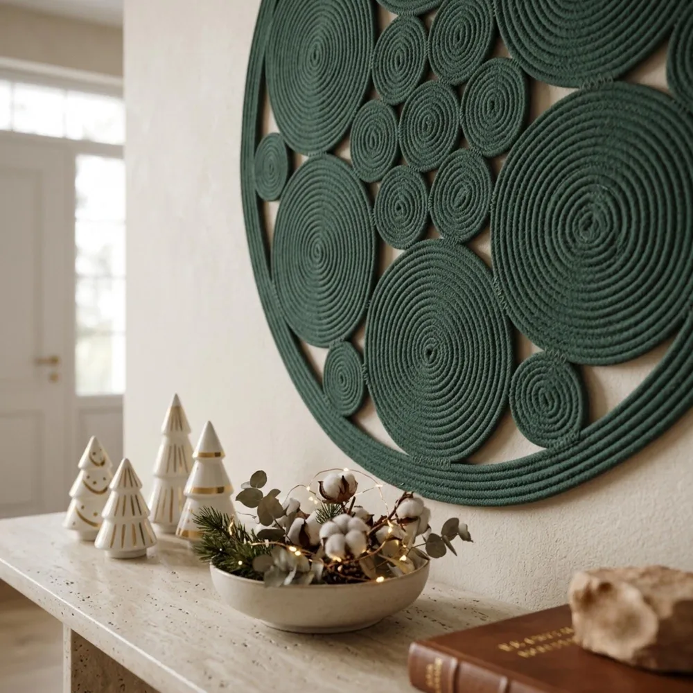 Emerald green cotton rope round wall hanging above a white fireplace mantel with holiday styling