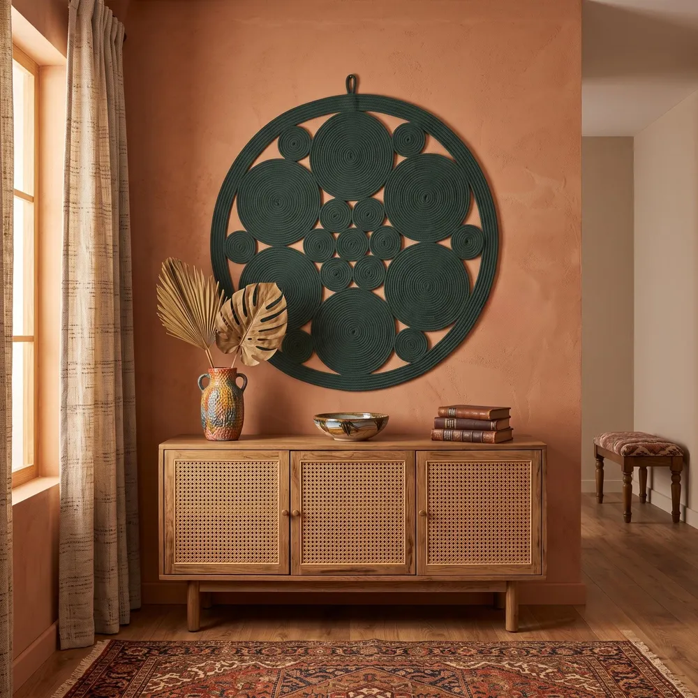 Emerald green cotton rope round wall decor on a warm terracotta wall above a light wooden sideboard