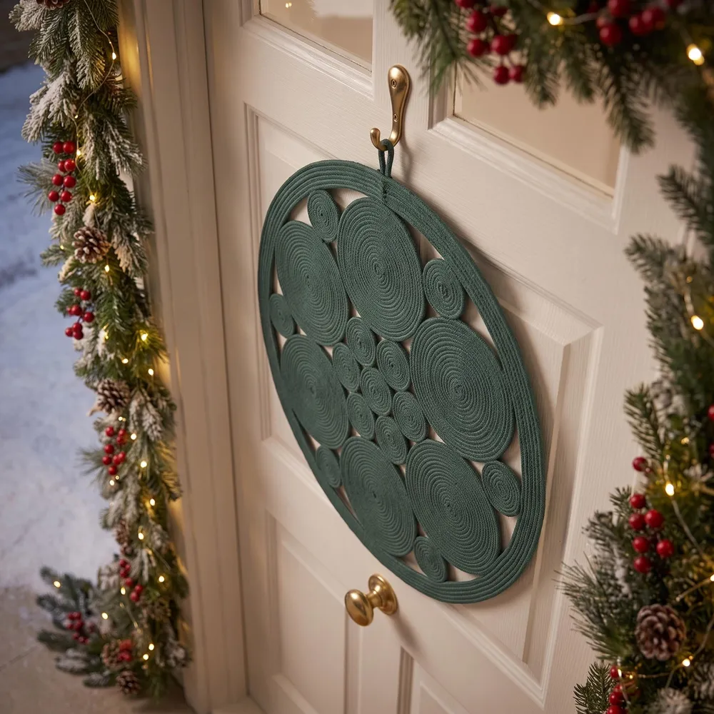 Emerald green cotton rope door hanger with frosted pine branches, red berries and pine cones.