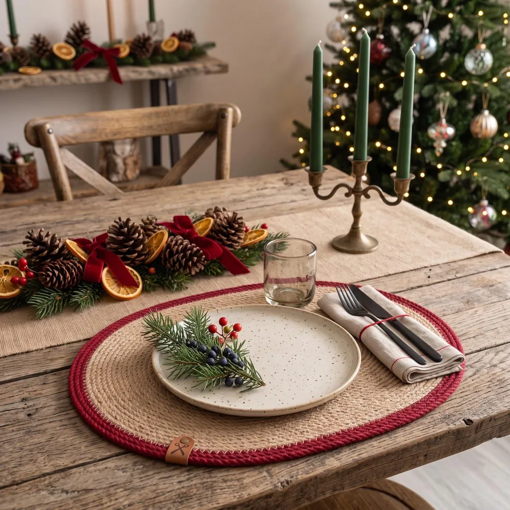Red striped oval jute placemat with a white plate and holiday greenery in close up