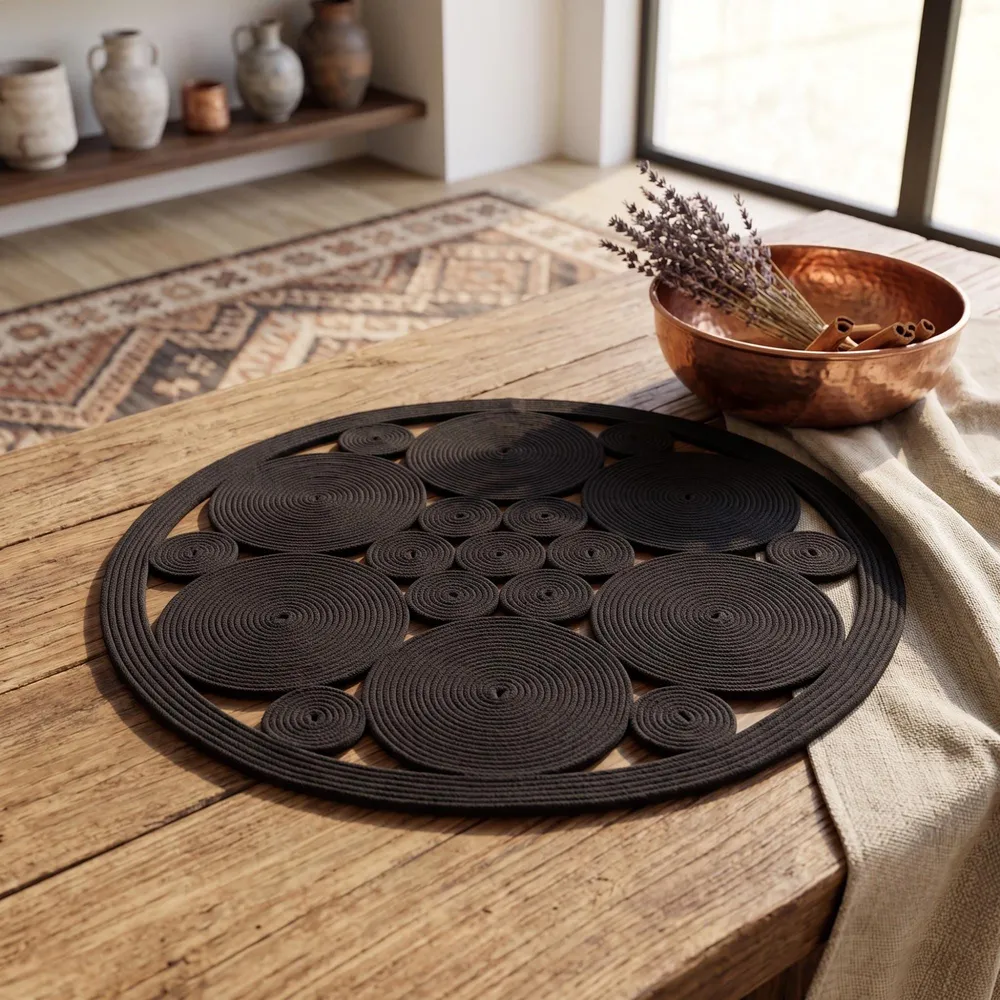 Black openwork cotton rope table mat on a light wooden table beside a bright sunlit window