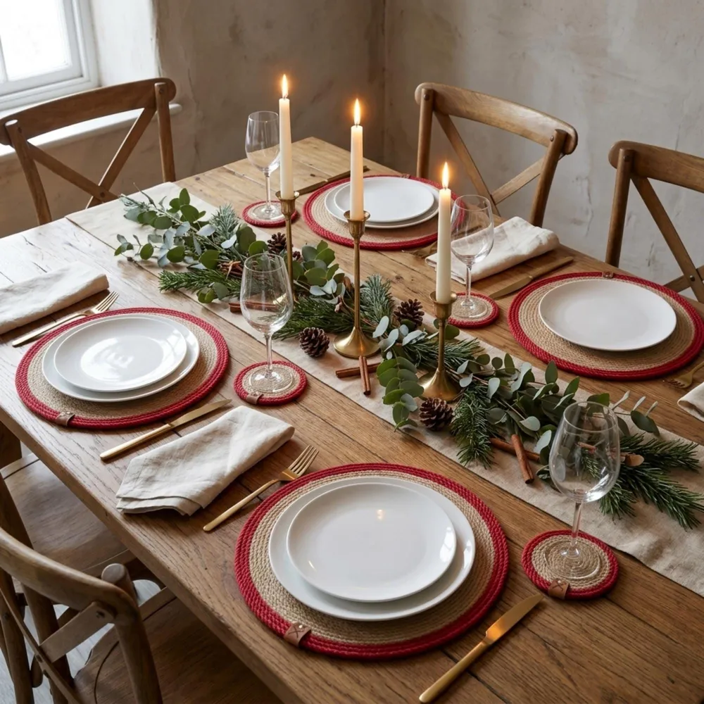 Christmas dinner table set with round jute placemats with deep red rope borders, white plates, gold flatware, lit taper candles and a eucalyptus and pine garland on a rustic oak table