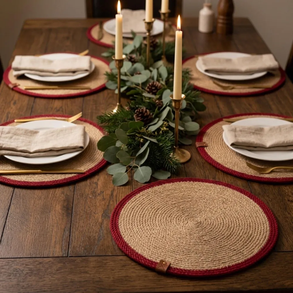 Round jute placemats with deep red rope borders set on a rustic Christmas dinner table with white plates, gold flatware, linen napkins, lit taper candles and a pine and eucalyptus garland
