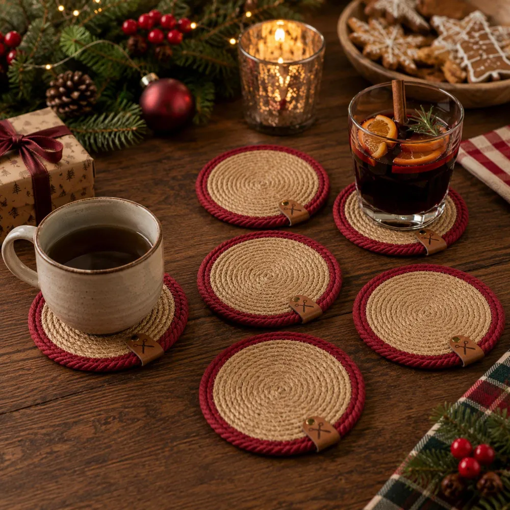 Six round jute coasters with deep red rope borders and faux leather tags on a dark wood Christmas table with a mug of coffee, mulled wine, pine, baubles and gingerbread cookies