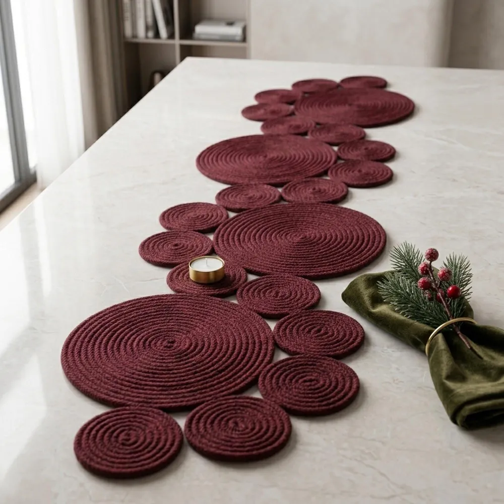 Burgundy cotton rope table runner of coiled discs on a pale table, with a green napkin, candle and a sprig of berries.