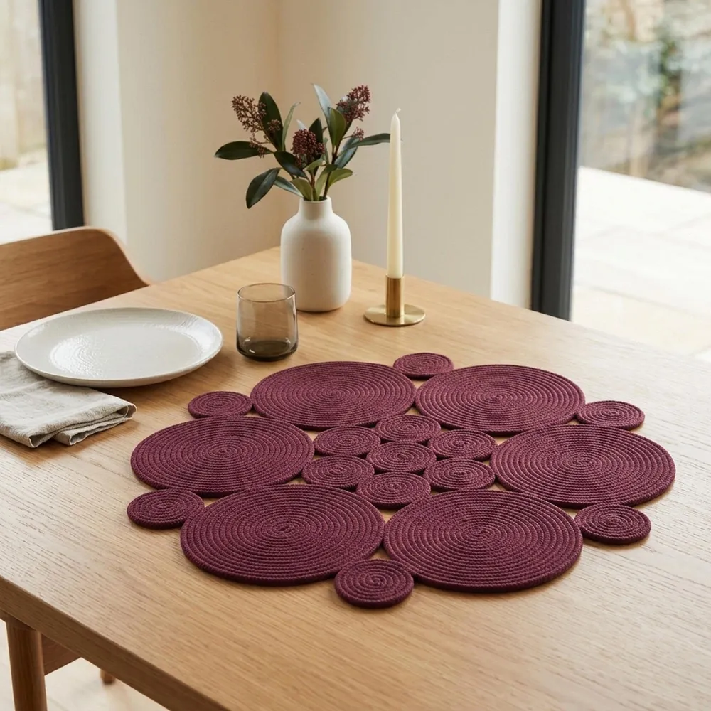Burgundy cotton rope centerpiece of coiled circles on a pale oak dining table, with dried stems in a white vase, a brass taper candle, a cream plate and a glass tumbler by a window