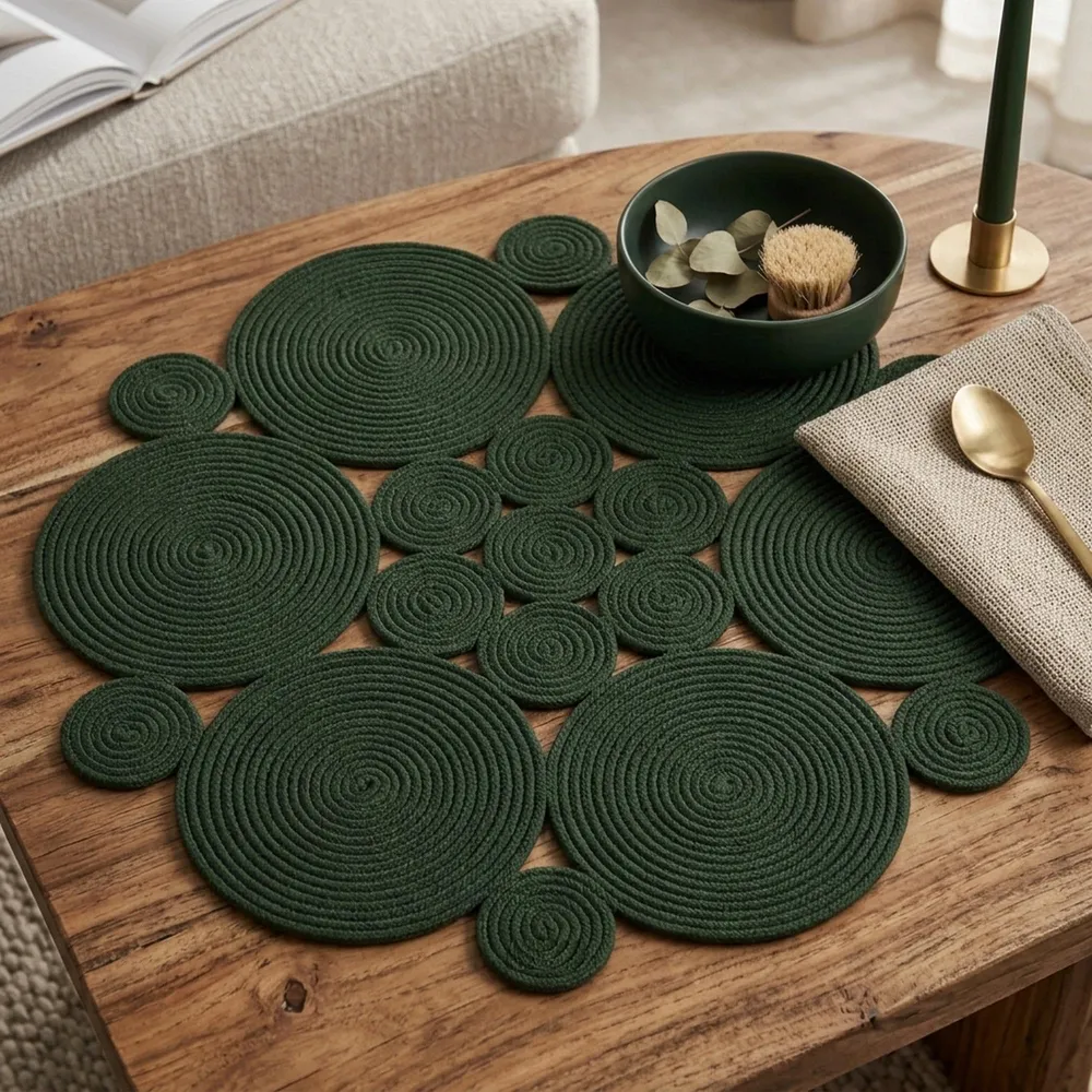 Emerald green cotton rope round centrepiece of coiled discs on a wooden table, with a dark bowl, gold cutlery and a green taper candle.