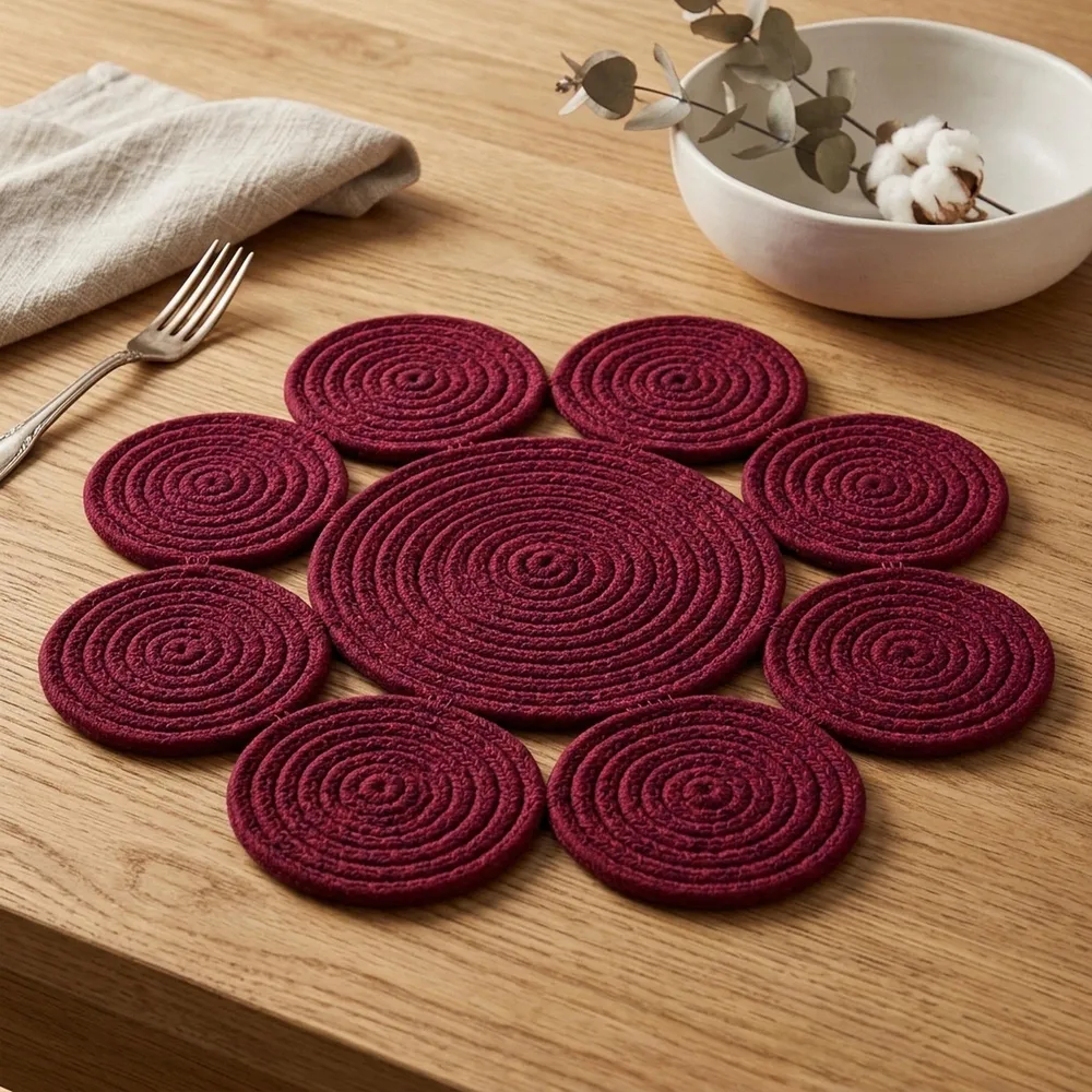 Burgundy cotton rope daisy placemat, flower shaped, on a wood table with a bowl and dried cotton stems.