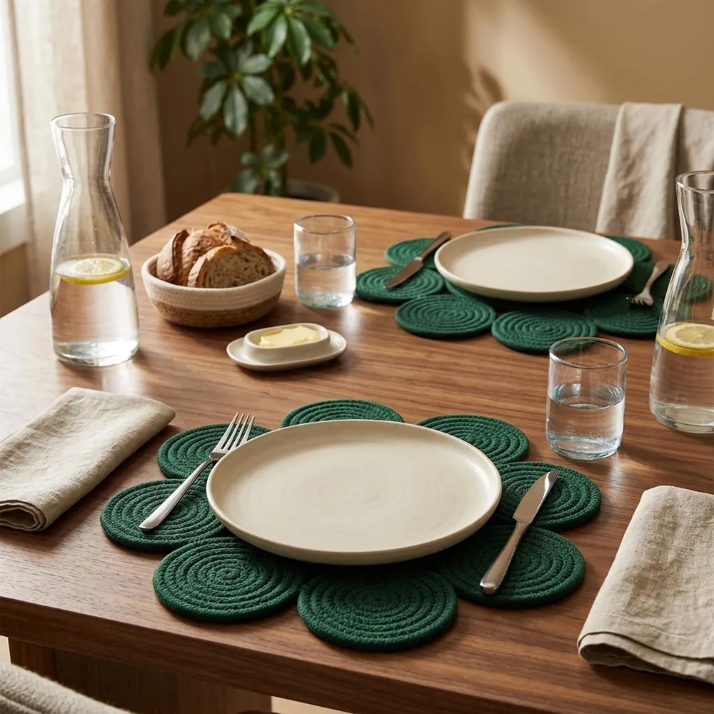 Emerald green cotton rope daisy placemat, flower shaped, on a table with a plate, bread and glasses.