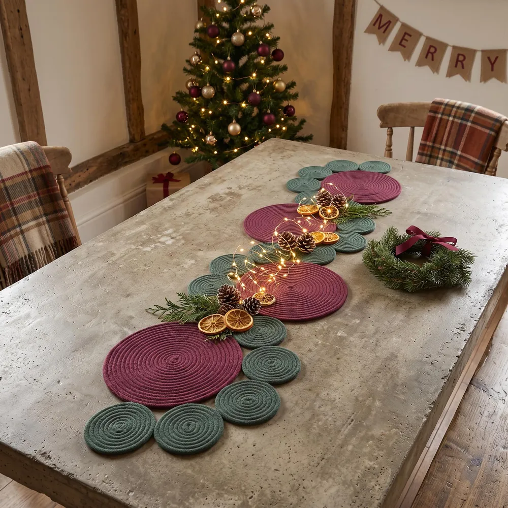 Burgundy and green cotton rope table runner on a stone dining table in a modern living room with a lit Christmas tree, a wreath, string lights, and dried orange slices.