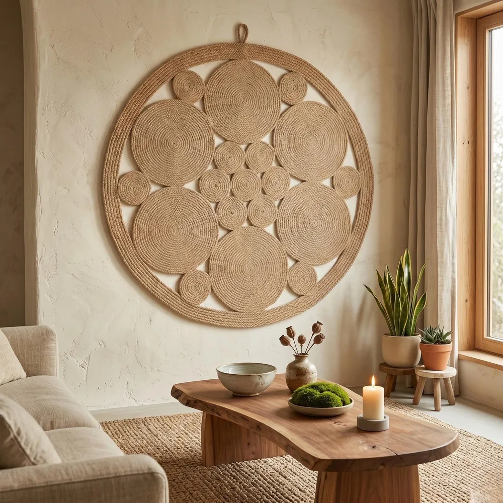 Round jute wall art and matching round jute table centerpiece shown side by side, one hanging on a plaster wall above a wooden coffee table, the other laid on a pale wooden dining table.