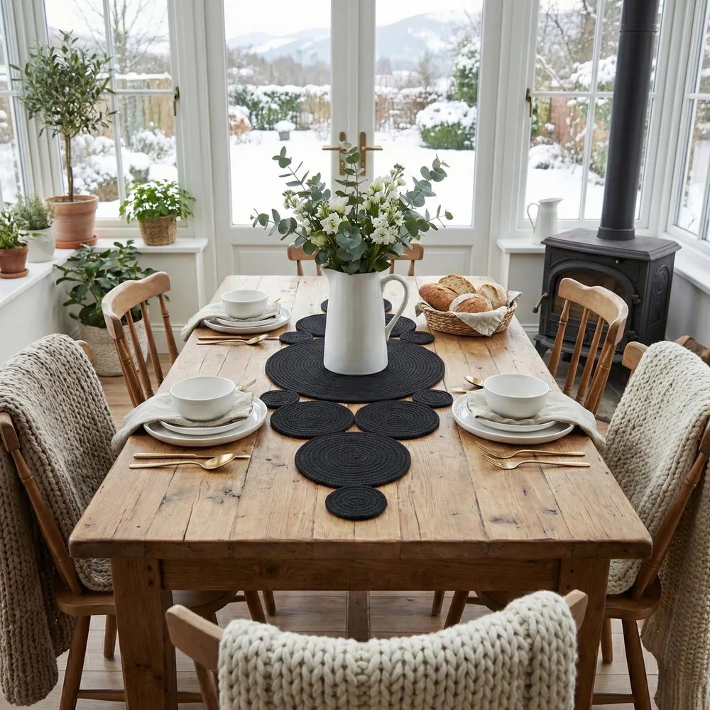 Black cotton rope runner laid down the centre of a white wooden dining table, with two round inset photos showing a jute placemat with black trim and a jute coaster under a stoneware mug