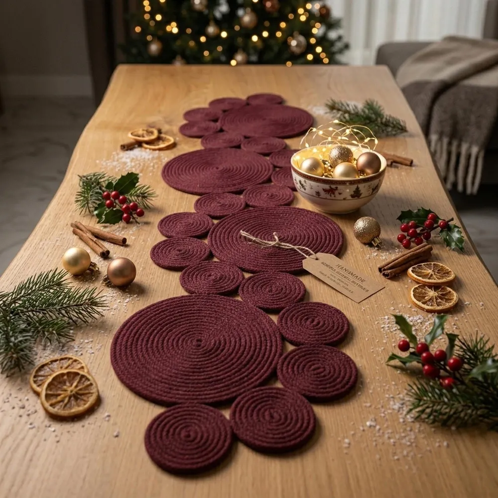 Burgundy daisy shaped rope placemats on a wooden Christmas table with candles and pine, with a small inset photo of the matching burgundy rope runner