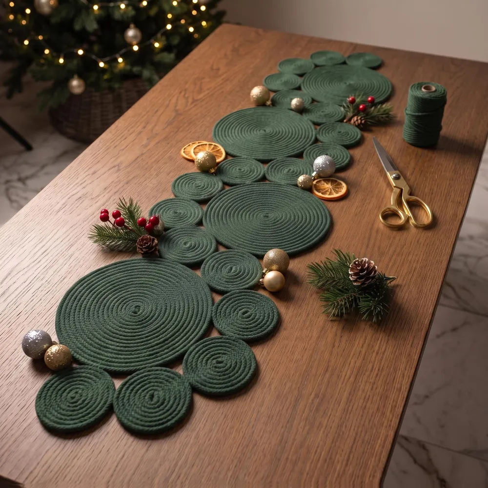 Emerald green daisy shaped rope placemats on a wooden Christmas table with candles and pine, with a small inset photo of the matching green rope runner