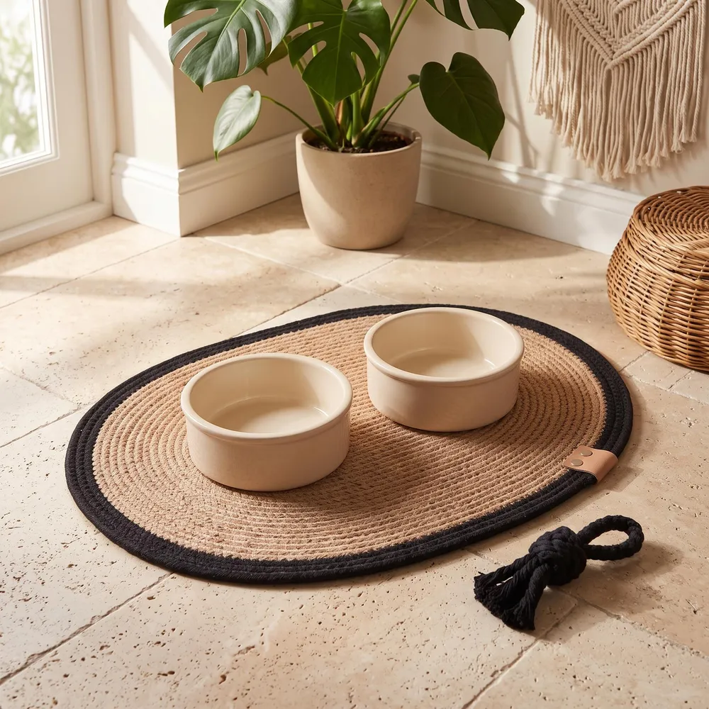 Oval jute pet feeding mat with a black rope border seen from above, with a dog eating from a bowl and a cat at a bowl shown in two round inset photos