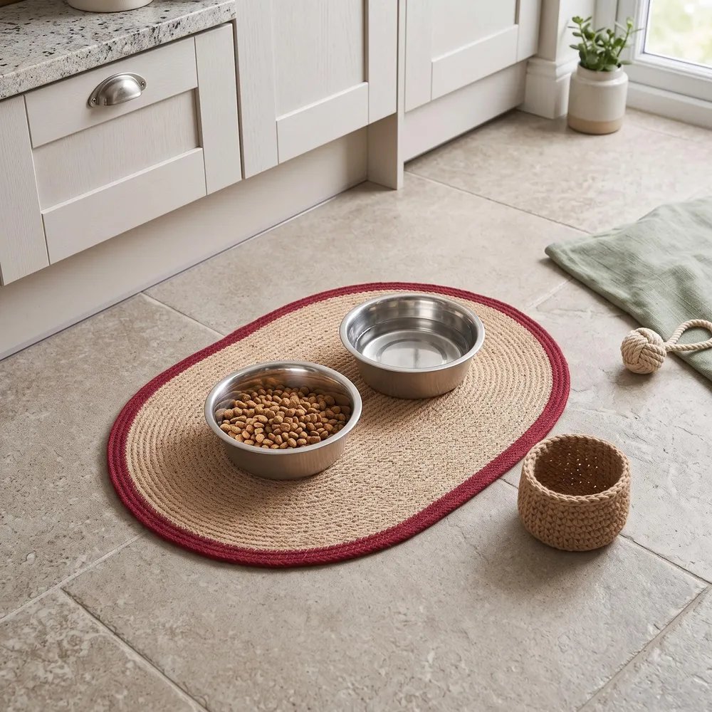 Oval jute pet feeding mat with a deep red rope border seen from above, with a dog eating from a bowl and a cat at a bowl shown in two round inset photos