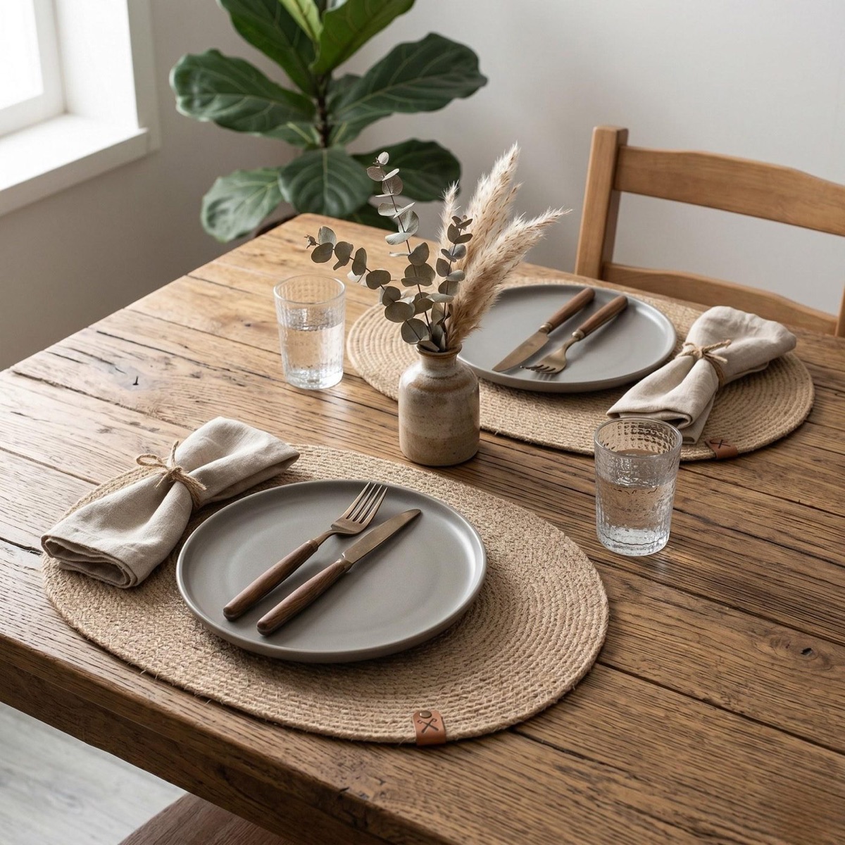A table set with round jute placemats, plates and cutlery