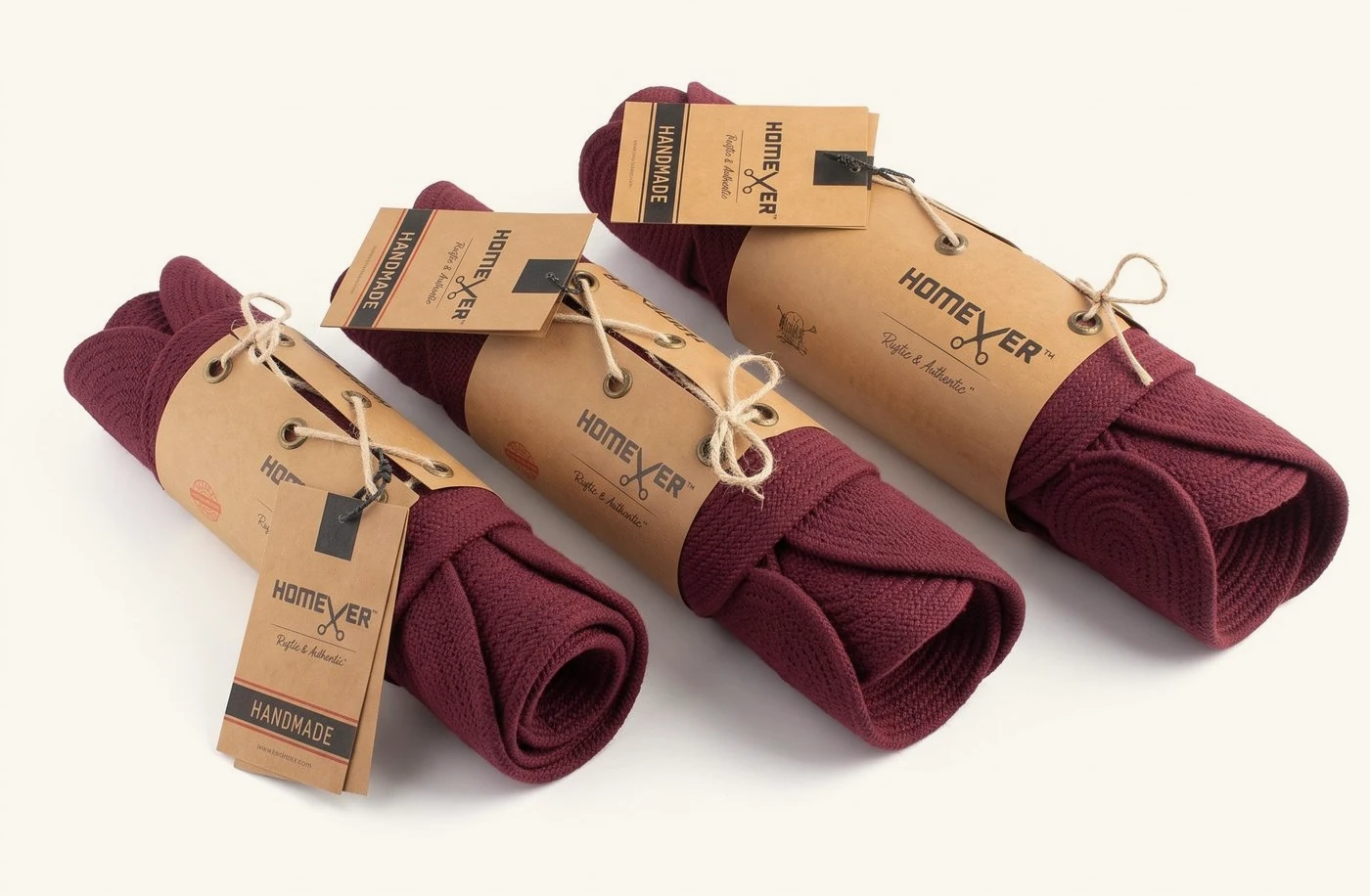 Burgundy cotton rope pieces rolled and tied with Homever kraft bands